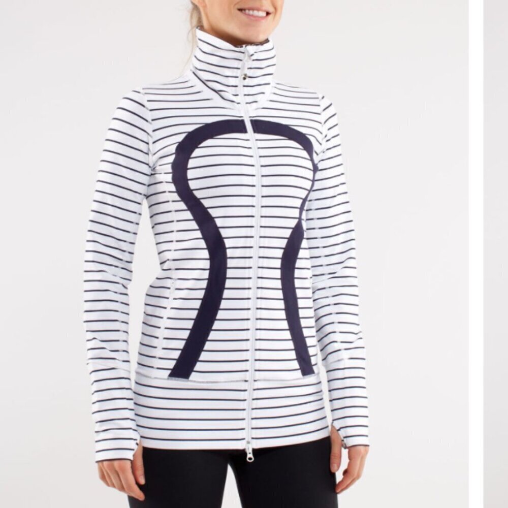 Lululemon In Stride Running Athleisure Jacket White Navy Striped Women's 8